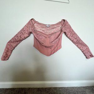 Fashion Nova Women's Pink Lace Long Sleeve Crop-top Medium